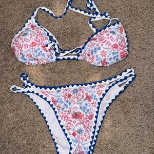 Floral Bikini Set with Blue Trim